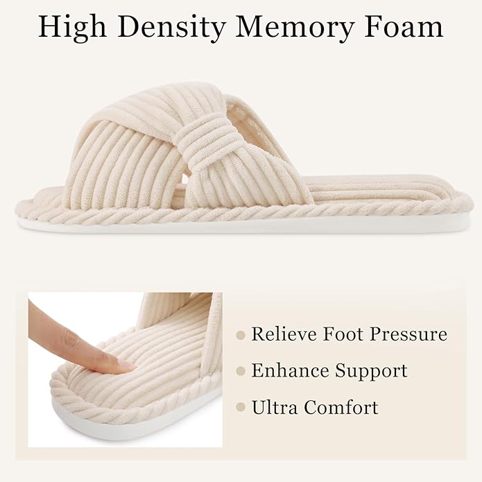 Evshine Summer House Slippers for Women Corduroy Cross Bow Indoor Slippers Open Toe Slip On Bedroom Shoes with Memory Foam