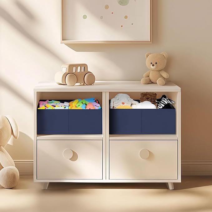 DIMJ Large Closet Shelf Organizer Bins 4 Packs with Handles and Divider, Fabric Trapezoid Storage Baskets, Foldable Clothes Containers Box for Shelf, Towel, Book, Toy, Purse, Hats, Navy Blue