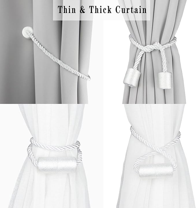 6 Pack White Strong Magnetic Curtain Tiebacks Outdoor Elegant Decorative Tie Backs Modern Rope Tiebacks for Drapes Window Curtain Holdbacks for Draperies