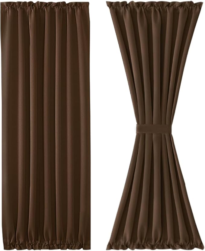 DWCN French Door Curtains – Rod Pocket Thermal Blackout Curtain for Doors with Glass Window, Kitchen and Patio Doors for Privacy, 54 X 80 Inches Long, 1 Curtain Panel with Tieback, Brown