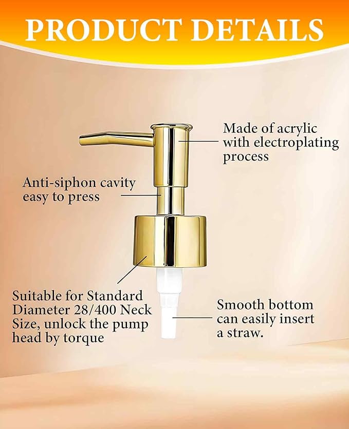 6 Pack Gold Soap Dispenser Pump, Top Replacement for Lotion & Regular Glass Bottles (Standard Diameter 28/400 Neck Size)