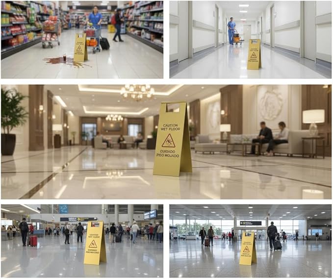 2 Pcs Wet Floor Sign, 24 Inch Gold Stainless Steel Caution Wet Floor Sign Double Sided Foldable Bilingual Commercial Safety Warning for Hotel Market Restroom Restaurant Office
