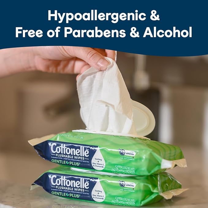 Cottonelle GentlePlus Flushable Wet Wipes with Aloe & Vitamin E, 6 Flip-Top Packs, 42 Wipes Per Pack (252 Total Wipes), Packaging May Vary