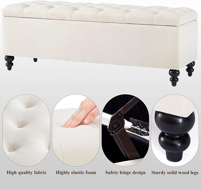 Storage Ottoman 50.2 Inches Upholstered Fabric Storage Ottoman Bench，Button Tufted Ottoman with Storage for Living Room，Bedroom End of Bed Bench Withstands 304lbs (Ivory)