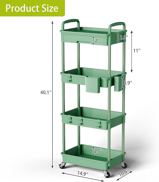 4 Tier Rolling Cart Organizer,Art Craft Diaper Bedside Snack Laundry Room Bathroom Organizer Narrow Thin Slim Rolling Trolley Utility Cart with Wheels for Kitchen,Office(Green)