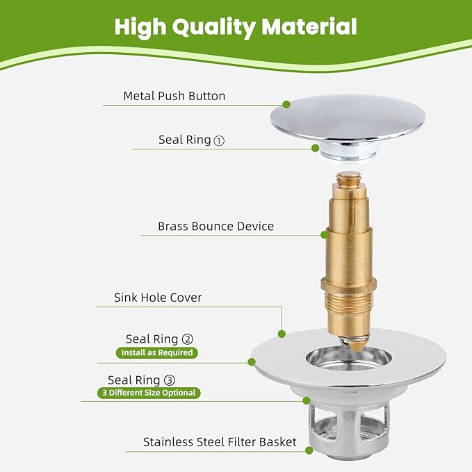 Universal Bathroom Sink Drain Strainer Hair Catcher Upgraded with Removable Stainless Steel Filter Basket, 2 in 1 Pop Up Sink Stopper for 1.1''~2.36'' Sink Basin Hole, Big Cover Cap, Chrome