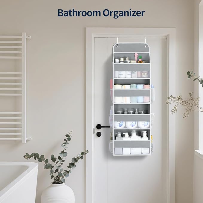 Yecaye Over The Door Organizer, Heavy Duty Hanging Organizers and Storage with 4 Large Capacity Pockets, Swing-Proof Behind The Door Storage for Bathroom Nursery Bedroom Dorm Closet, Grey