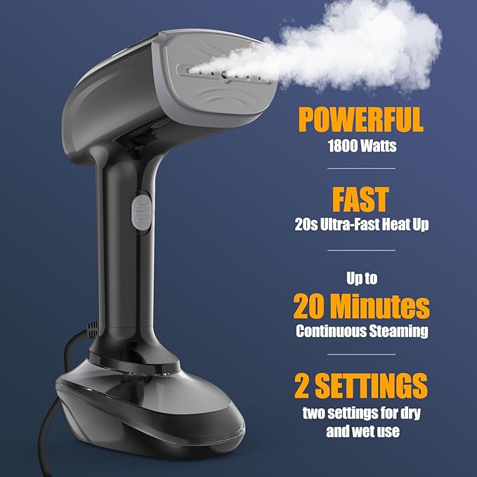 Powerful Handheld Fabric Steamer - 1800W with Fast Ceramic Heat-Up Plate, 2-in-1 Ironing & Wrinkle Remover, Steam Nozzle, Lint Brush - Black, for US 120V Only