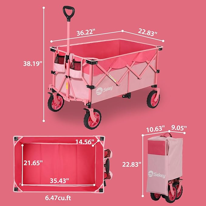 Sekey 220L Collapsible Foldable Wagon with 330lbs Weight Capacity, Heavy Duty Folding Wagon Cart with Big All-Terrain Wheels & Drink Holders (Pink)