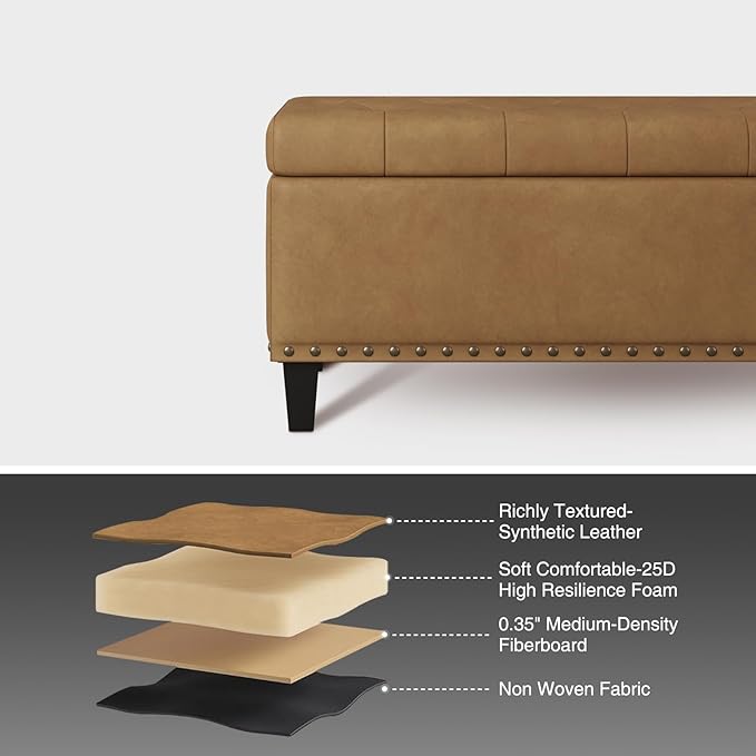 Storage Ottoman Bench, 51-Inch Large Storage Bench for Bedroom End of Bed, 30 Gallons Faux Leather Ottoman for Bedroom, Living Room, Entryway, Hallway, Camel