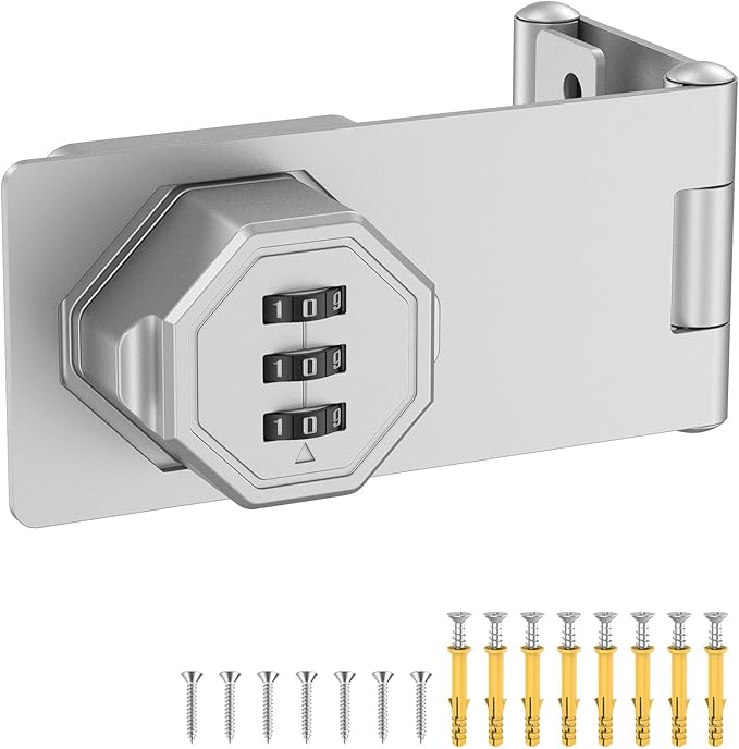 90 Degree 3-Digit Combination Cabinet Lock, Zinc Alloy Keyless Folding Hasp Lock Latch, Password Security Rotary Door Latch for Office File Cabinet, Drawer, Locker, Cupboard (1, Silver)