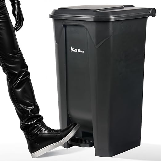 27 Gallon Step-On Trash Can/Container, Black Plastic Dustbin with Lid and Foot Pedal, Hands-Free Disposal