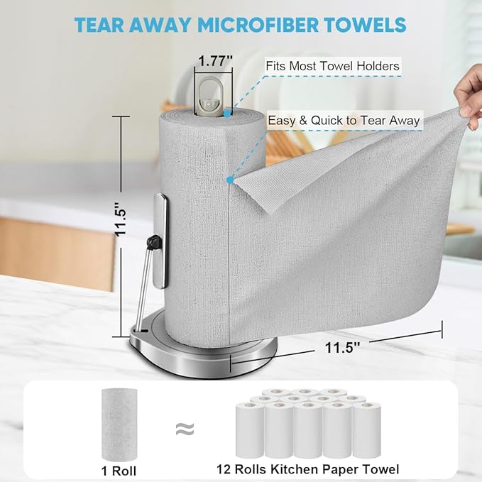 AIDEA Microfiber Cleaning Cloth Roll, Grey 75PK, Reusable Paper Towels Tear Away Cloth, Microfiber Towels for Cars, Wash Cloths, Lint Free Rags for House, Kitchen,Window,Cleaning Supplies 11.5"×11.5"