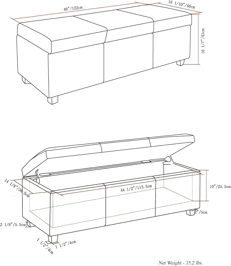 SIMPLIHOME Avalon 48 inch Wide Contemporary Rectangle Storage Ottoman Bench in Satin Cream Vegan Faux Leather, Assembled, for the Living Room, Entryway and Family Room
