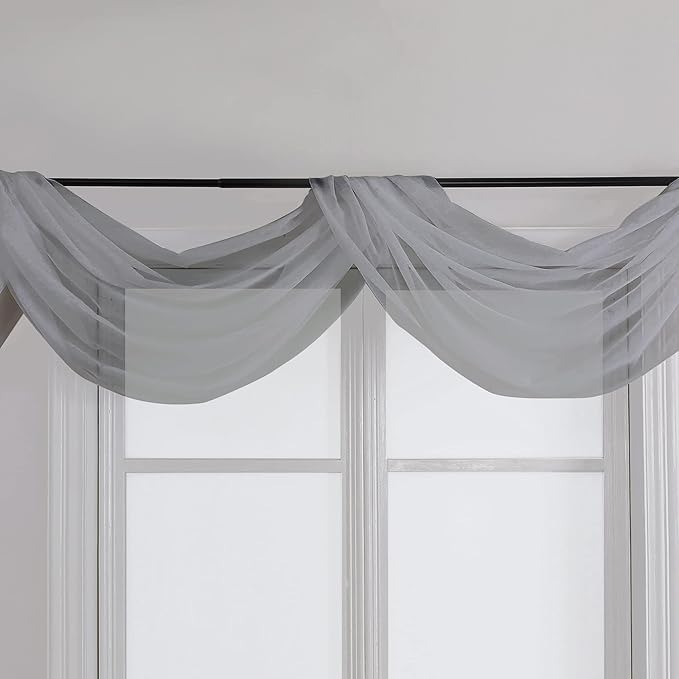 Chyhomenyc Charcoal Grey Sheer Scarf Valances for Windows 216 Inch Extra Long, Window Scarf Drapes Rod Pocket Backdrop for Wedding Arch Draping/Party/Canopy Bed/Living Room, 2PC, 18 Feet Length