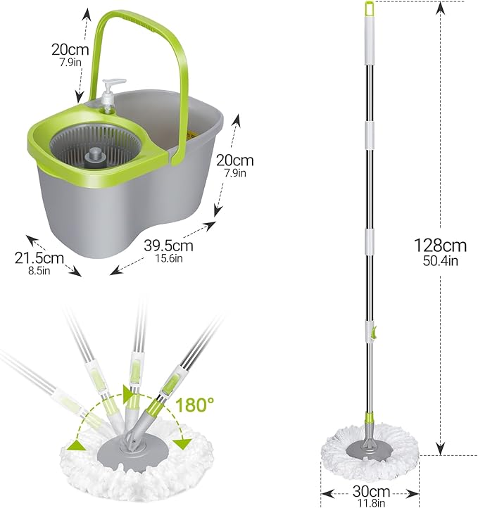 MASTERTOP Mop and Bucket with Wringer Set, Small Spin Mop Cleaning System with 3 Mop Pads,Spinning Mop Bucket for Floor Cleaning, 50.4" Extended Handle