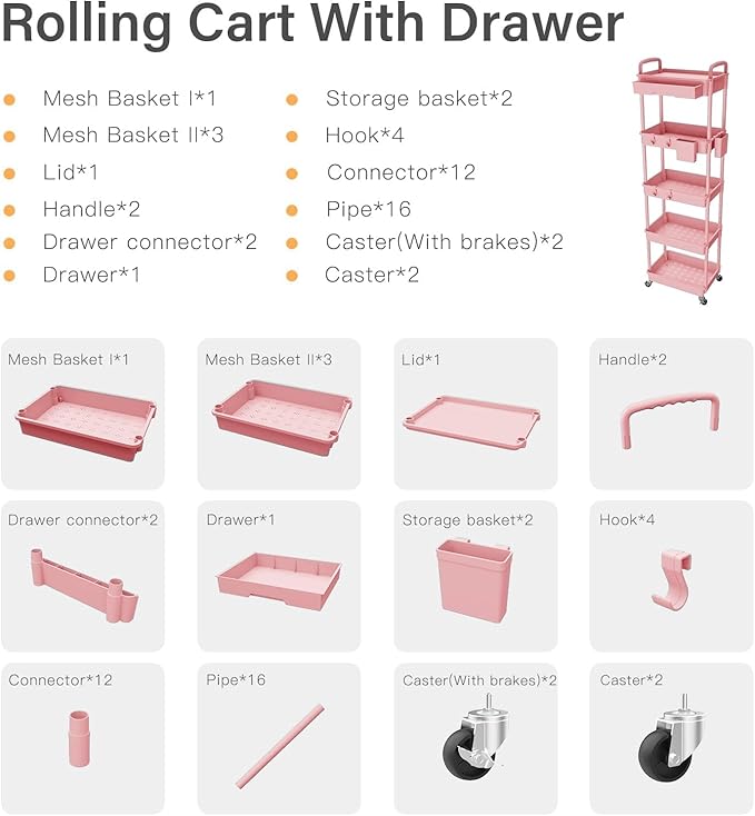 5 Tier Rolling Cart Organizer,Bathroom Cart Organizers with Wheels Laundry Room Organization Mobile Shelving Unit Utility Cart Storage Shelves Multi-Functional for Office, Home(Pink)