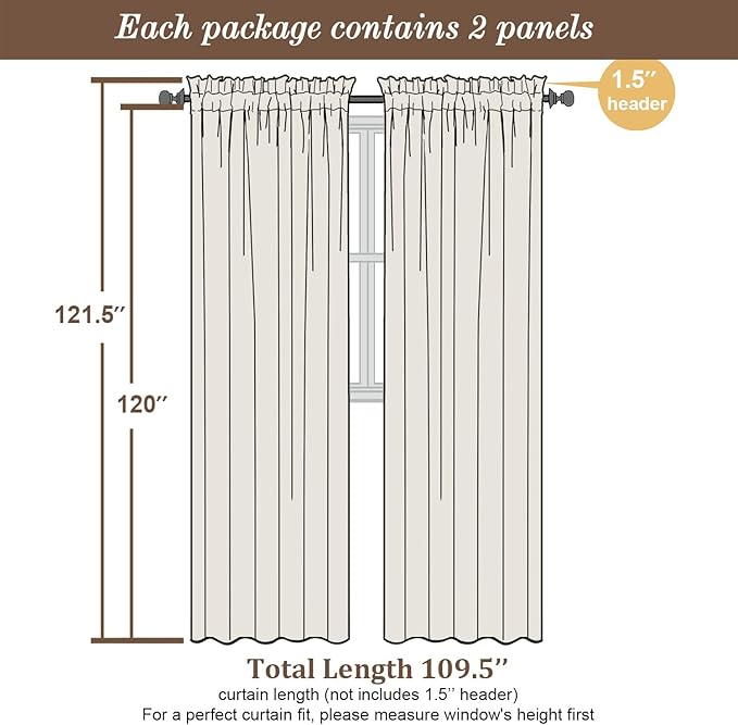 Chyhomenyc Extra Long Ivory Sheer Curtains 120 Inches Long 2 Panels, Light Filtering Ivory Curtains for Living Room, Soft Gentle Voile Rod Pocket Bedroom Window Drapes, 59Wx120L Inch, 10FT, 2PCS