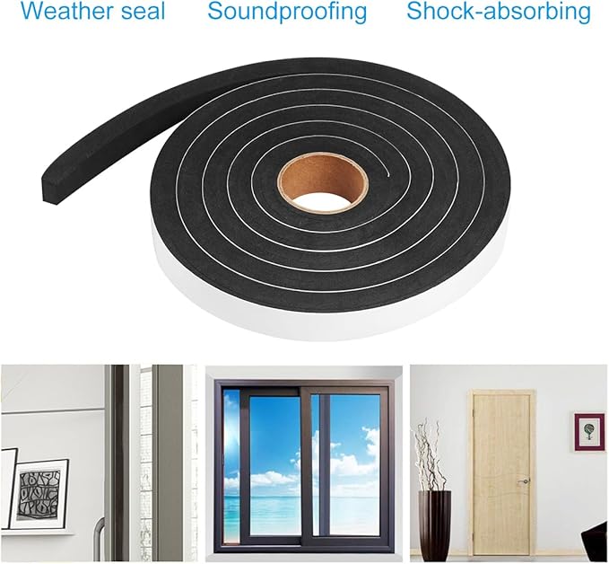 Seal Foam Tape, 2 Rolls 1/2 Inch W x 1/2 Inch T Weather Stripping for Door and Window,High Density Single Sided Closed Cell Door Insulation Weather Strip, 2 Rolls Total 13FT Black