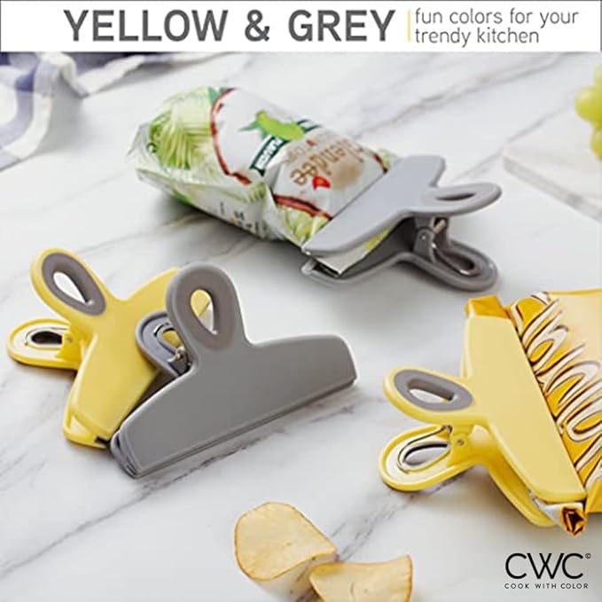 COOK WITH COLOR Bag Clips - Heavy Duty Chip Clip and Refrigerator Magnet Clips for Food Storage with Air Tight Seal Grip, Yellow and Grey, Pack of 8 Large Clips