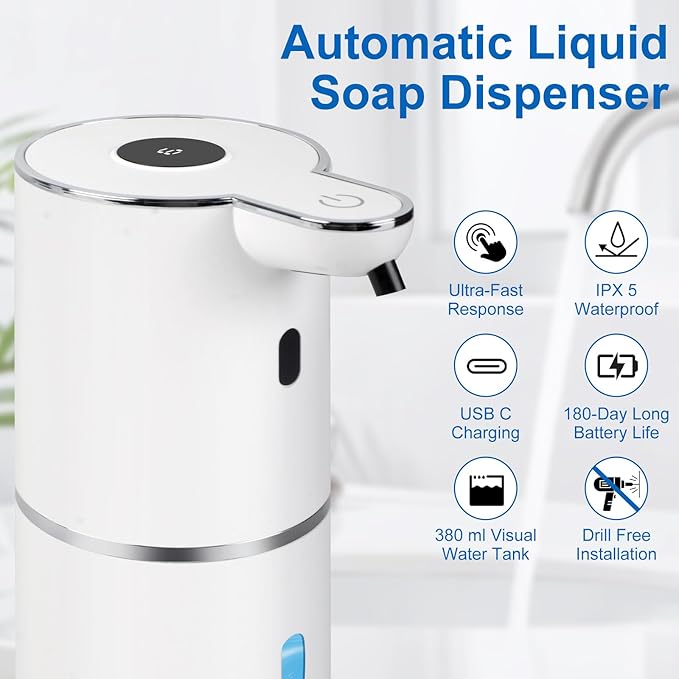 Automatic Liquid Soap Dispenser Touchless, USB-C Rechargeable Hand Soap Dispenser 12.8oz/380ml, 6-Level Adjustable Smart Soap Dispensers Wall Mounted for Bathroom and Kitchen Dish Soap