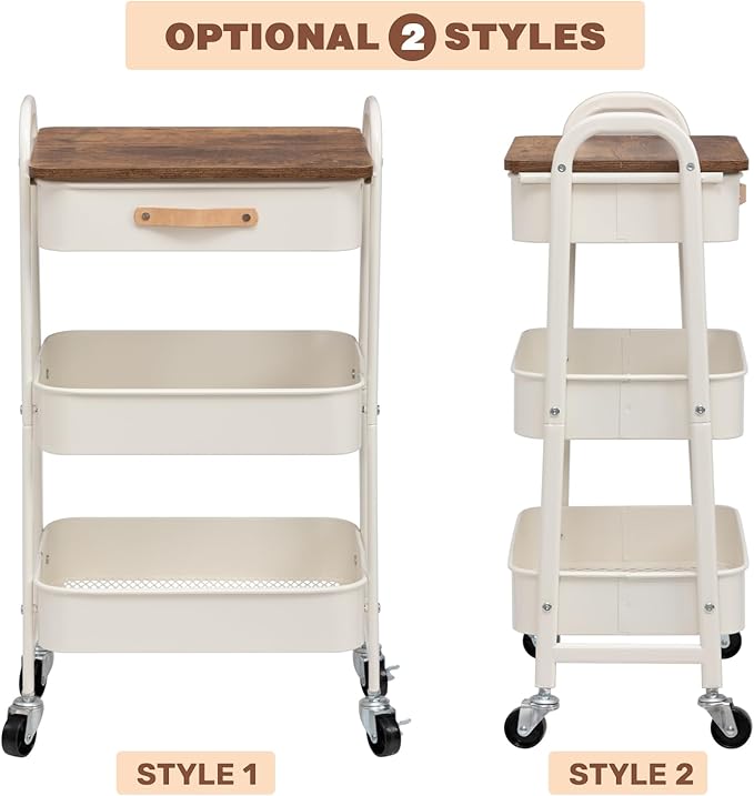 AGTEK Rolling Organizer Cart with Drawer, 3 Tier Movable Metal Utility Cart with Drawer, Mobile Trolley Cart for Home & Office, White