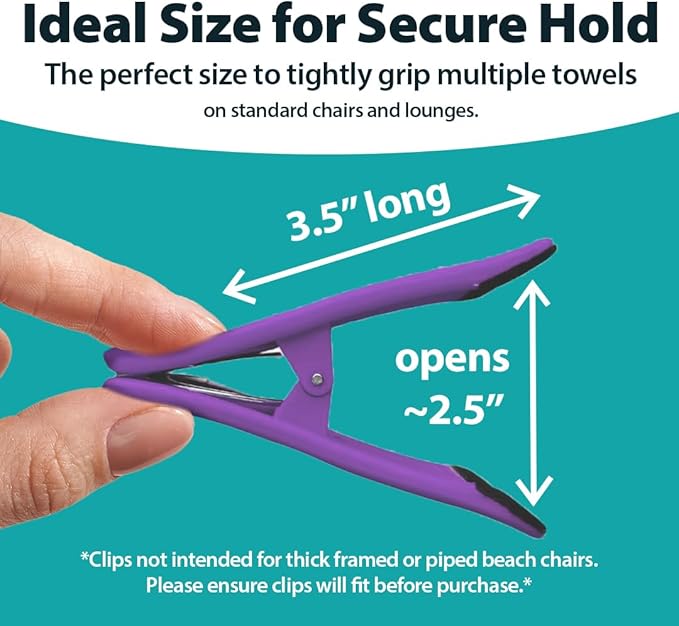 CoreClips Towel Clips for Beach Chairs - Set of 4 Pool Towel Holder Clips for Lounge Chairs on Cruise, Large 2.5” Opening Heavy Duty Clip for Towels on Boat Loungers with Travel Pouch - Purple