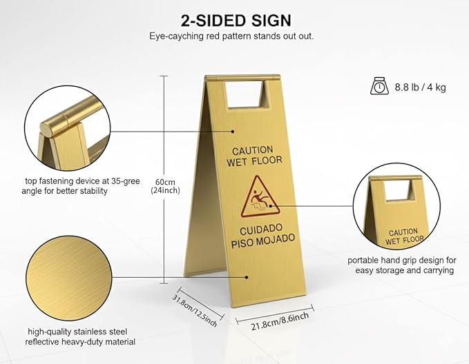 2 Pcs Wet Floor Sign, 24 Inch Gold Stainless Steel Caution Wet Floor Sign Double Sided Foldable Bilingual Commercial Safety Warning for Hotel Market Restroom Restaurant Office