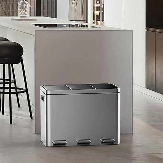 3 x 4 Gal (3 x 15L) Trash Can, Stainless Steel Triple Compartment Step-On Recycling Bin with Soft-Close Lids & Removable Plastic Inner Buckets for Kitchen, Home, Office