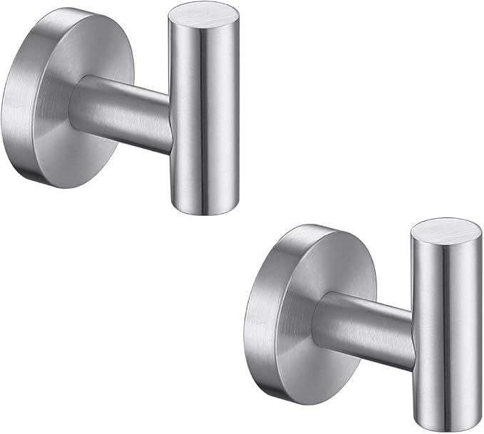 TASTOS Bathroom Towel Hooks Brushed Nickel, 2 Pack Stainless Steel Robe Coat and Clothes Hook, Heavy Duty Wall Hook for Bathroom & Kitchen, Modern Round Style Screw Wall Mounted