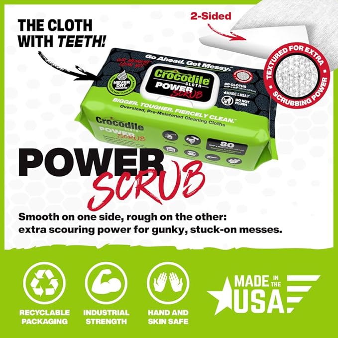 Crocodile Cloth PowerSCRUB Cleaning Wipes – 480 Count (6 Packs of 80 Count) Dual-Surface Cloths, Heavy-Duty, Moist, Absorbent, & Disposable - Safe on Skin & Multiple Surfaces - 15" x 10" XL Wipes