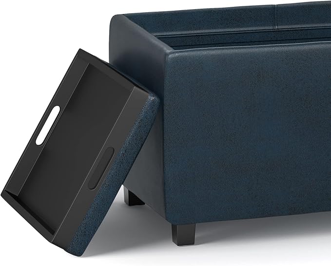 SIMPLIHOME Avalon 42 inch Wide Contemporary Rectangle Storage Ottoman in Distressed Dark Blue Vegan Faux Leather, Assembled, for the Living Room, Entryway and Family Room