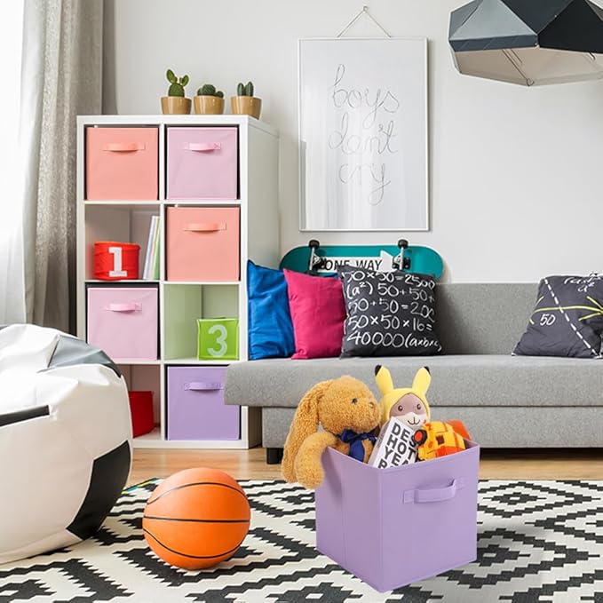 Stero 13x13x13 Inch Fabric Storage Bins 6 Pack Fun Colored Durable Storage Cubes with Handles Foldable Cube Baskets for Home, Kids Room, Closet and Toys Organization Purple, Pink, peachpuff