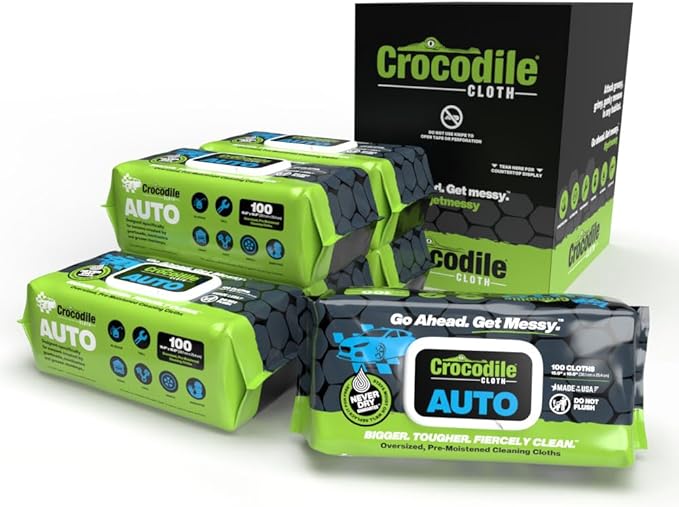 Crocodile Cloth Auto Cleaning Wipes – 600 Count (6 Packs of 100) XL 15" x 10" Heavy-Duty Car Wipes for Engine Degreaser, Detailing, Tires, Tools & DIY Projects