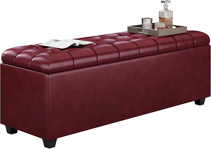 38 Inches long Wine red Ottoman Bench with Storage, footstool Furniture End of Bed storage benches,Faux leather Ottomans with Storage and Seat for Foot rest in Bedroom, Living Room, Entryway