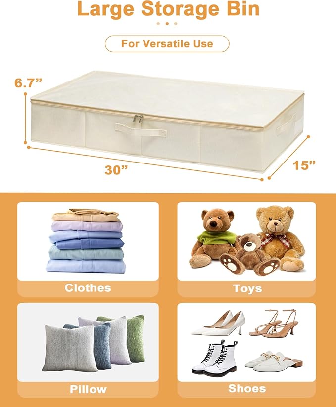 punemi Underbed Storage, 3 Pack Clothing Storage Bags W/Sturdy Handles, Large Capacity Underbed Shoe Container Organizer, Dorm Essentials Bins for Blankets, Pillows, Comforters & Quilts, Beige, 50L