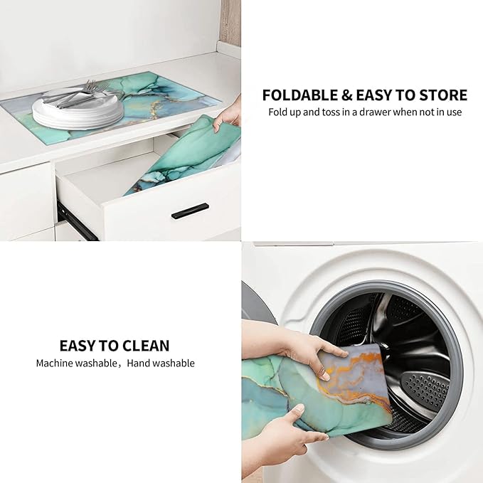 Teal Marble Golden Swirls Pattern Dish Drying Mats For Kitchen Counter Microfiber Absorbent dish Mat Xl Reversible Drying Mats For Countertop 18 Inch X 24 Inch
