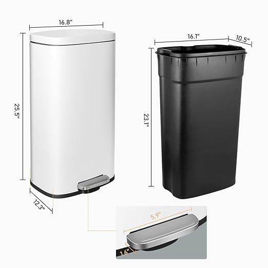 AthLike Trash Can, Stainless Steel Kitchen Garbage Can, Step Waste Bin with Hinged Lid and Removable Inner Bucket, Soft-Close, Dustbin for Bathroom Bedroom Living Room Home (White, 13.2 Gal)