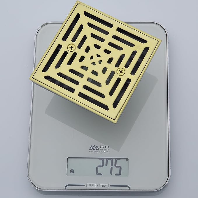 RANDOM Brushed Gold Shower Drain 4 inch Square Shower Drain with Adjustable PVC Base Flange,SUS304 Stainless Steel Shower Floor Drain with Removable Cover Grid Grate