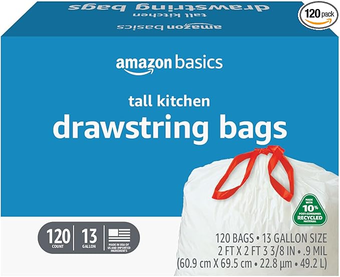 Amazon Basics 13 Gallon Tall Kitchen Drawstring Trash Bags, Unscented, 10% Post Consumer Recycled, 120 Count