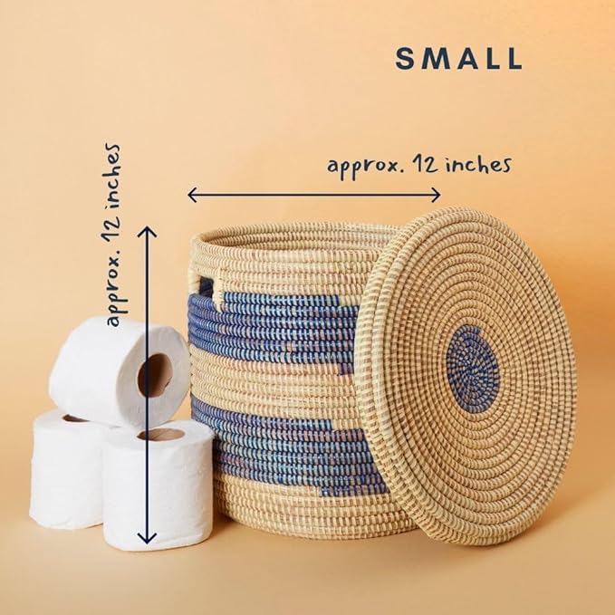 Storage & Organization - Laundry Basket, Bedroom Hamper, Nursery Toys Bin, Living Room Blankets Storage, Decorative, Wicker, Sturdy, Round, Handles, Woven, Blue Beige (Small)