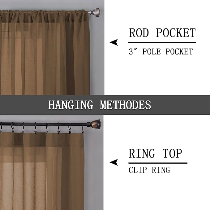 Tollpiz Short Sheer Tier Curtains Linen Textured Half Kitchen Curtain Sheers Light Filtering Rod Pocket Voile Small Curtain for Bathroom, 25 x 24 inches Long, Brown, Set of 2 Panels