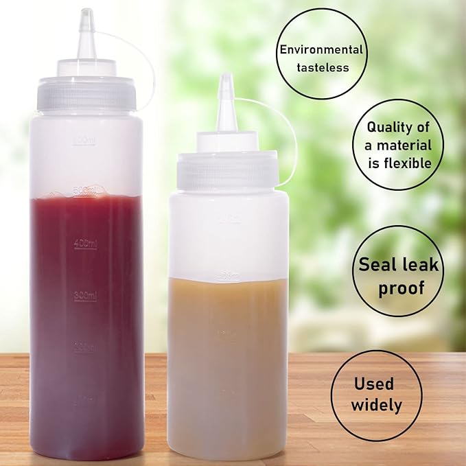 Condiment Squeeze Bottles Ketchup Dispenser 2PCS 24 oz Plastic Sauce Squirt Bottle with Cap Lids, Pancake Squirt Bottles for Sauces Liquids Mustard BBQ Dressing Pancake Art