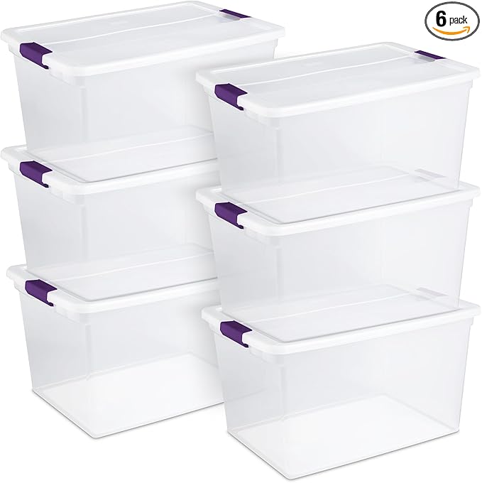 Sterilite 6 Pack 66 Quart ClearView Latch Box, Stackable Organizer Bins with Latching Lids - Clear Plastic Organization Containers for Closet, Bedroom, Shelving Units and Everyday Home Storage
