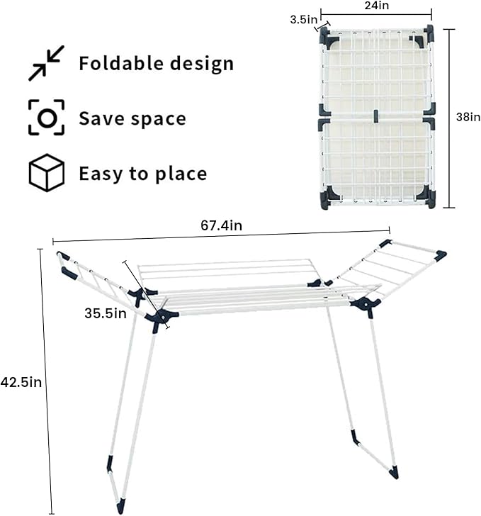 Clothes Drying Rack Adjustable Gullwing and Foldable Space-Saving Laundry Rack for Indoor or Outdoor Use, Grey