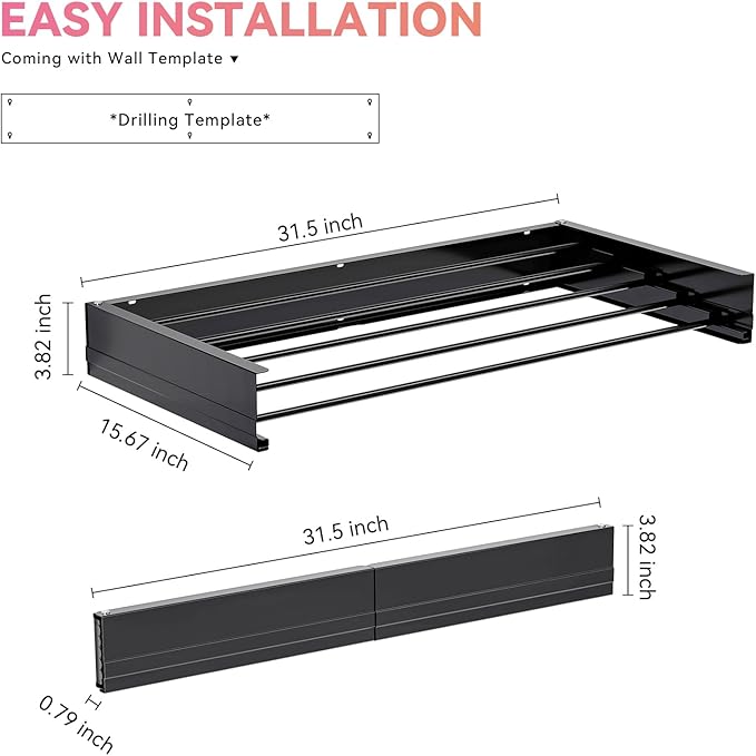 APEXCHASER Wall Mounted Clothes Drying Rack, Laundry Drying Rack Foldable, Towel Racks for Bathroom Balcony Laundry Room Wall Mounted, Collapsible Drying Rack for Clothing, 31.5", Black
