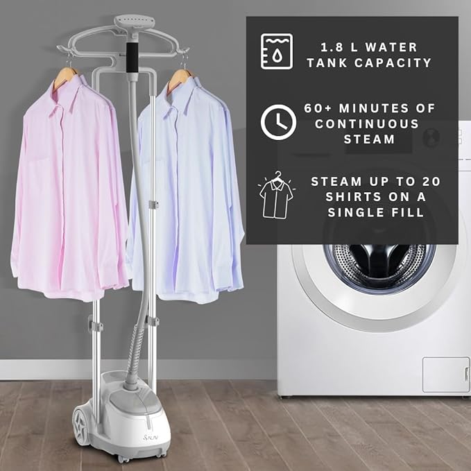 SALAV GS45-DJ Professional Upright Garment Steamer with Roll Wheels, Multi-Function Extra Wide Hanger, Fabric Brush & Mini Ironing Paddle, 1500 watts, Silver