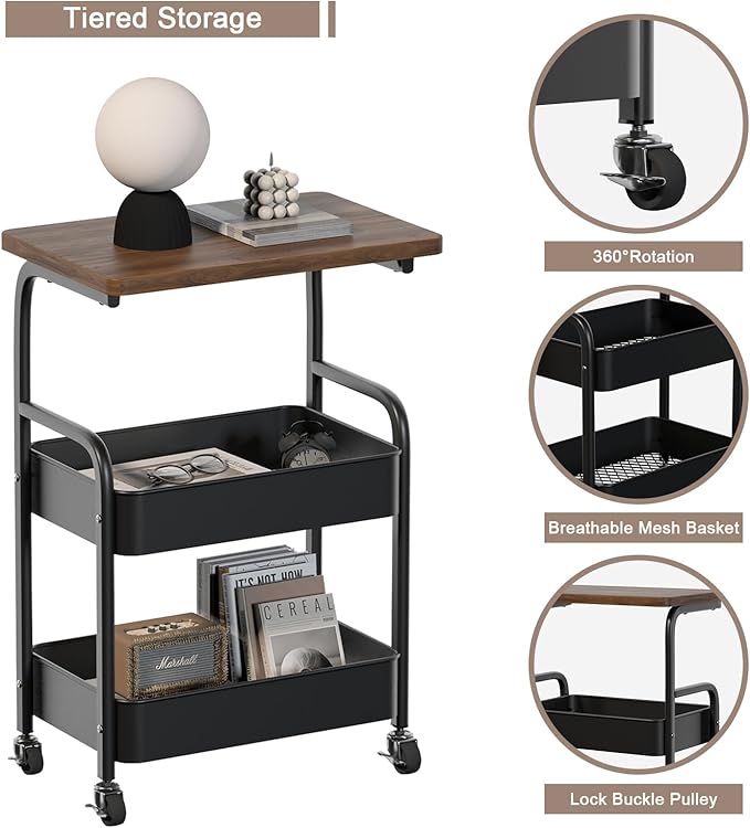 Rolling Cart with Wooden Tabletop 3-Tier Metal Utility Rolling Cart Storage Organizer with Lockable Wheels for Kitchen, Office, Bedroom