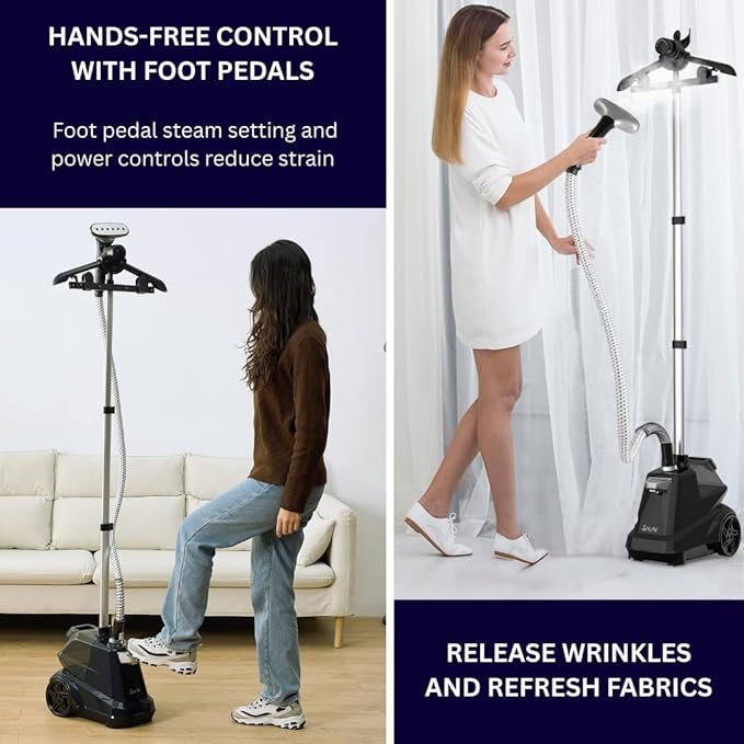 SALAV Commercial-Grade Standing Garment Steamer for Clothes with Auto-Off Safety 1800W Powerful Steam X-Large 3L Water Tank, 90-Min Continuous Use, Pedal-Control System, Beeps when Out of Water, Navy
