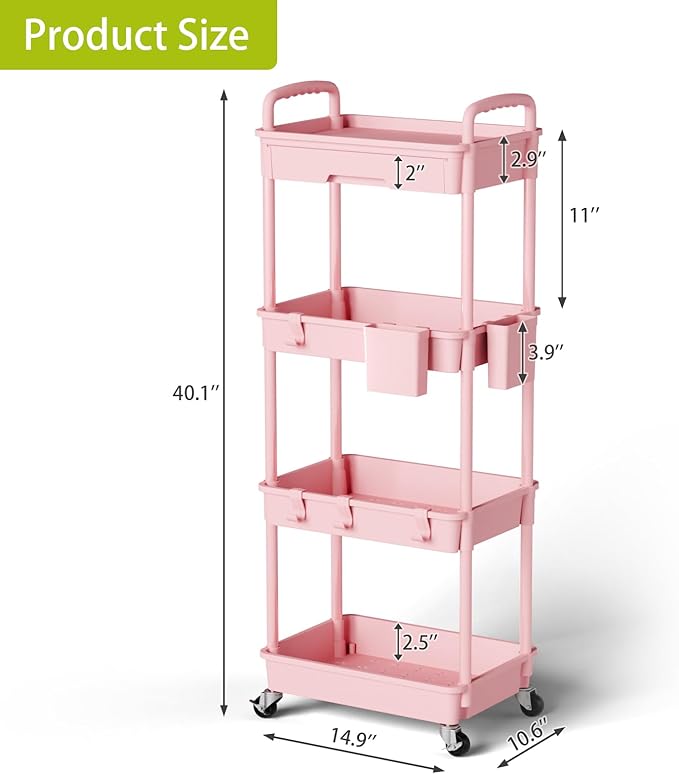 4 Tier Rolling Cart Organizer,Art Craft Diaper Bedside Snack Laundry Room Bathroom Organizer Narrow Thin Slim Rolling Trolley Utility Cart with Wheels for Kitchen,Office(Pink)